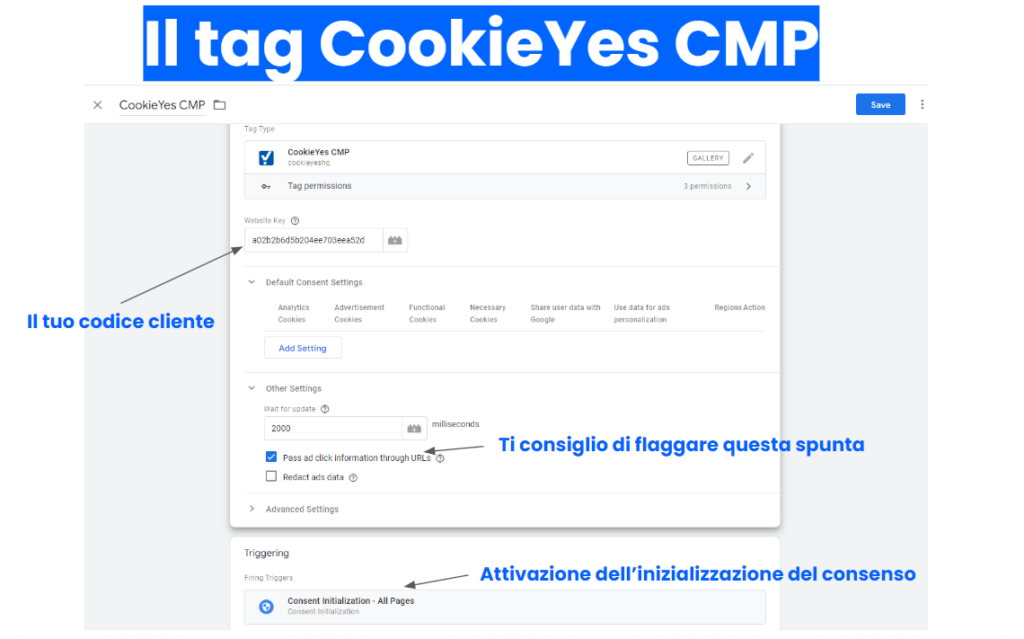 Esempio Tag Cookieyes CMP