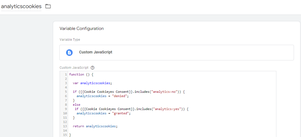 Esempio Javascript per valori di default CookieYes Consent Mode