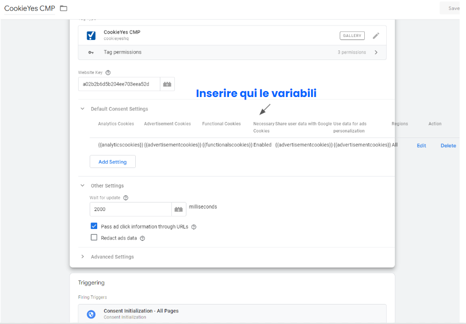 Tag CookieYes CMP completo con valori di default Google Consent Mode