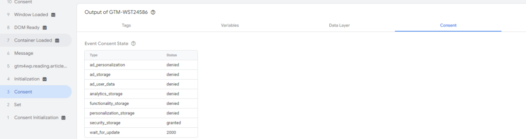 Event Consent State Google Tag Assistant