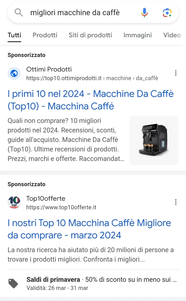 Immagine che mostra gli annunci Top ads nella parte superiore della pagina di ricerca Google.
